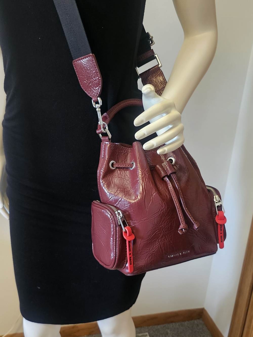 Charles & Keith Burgundy Textured Drawstring Bucket Crossbody Bag